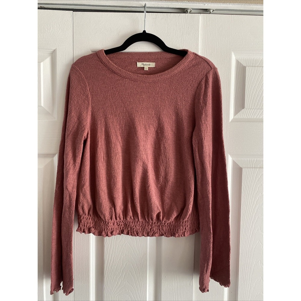 Madewell Smocked Gauze Top Womens Size S Pink Crop Long Sleeve Cotton